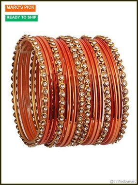 Indian Bollywood Gold Tone Bangle Bracelets Set of 18 Textured Rhinestone